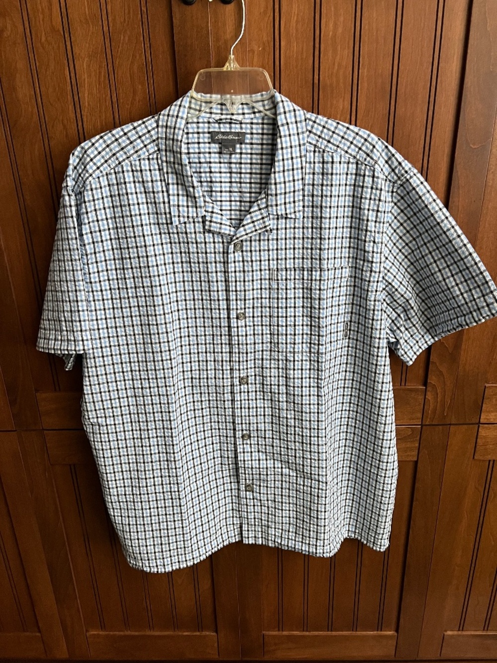 Eddie Bauer Blue/Black/White Mini Plaid Seersucker Short Sleeve Shirt Size XL